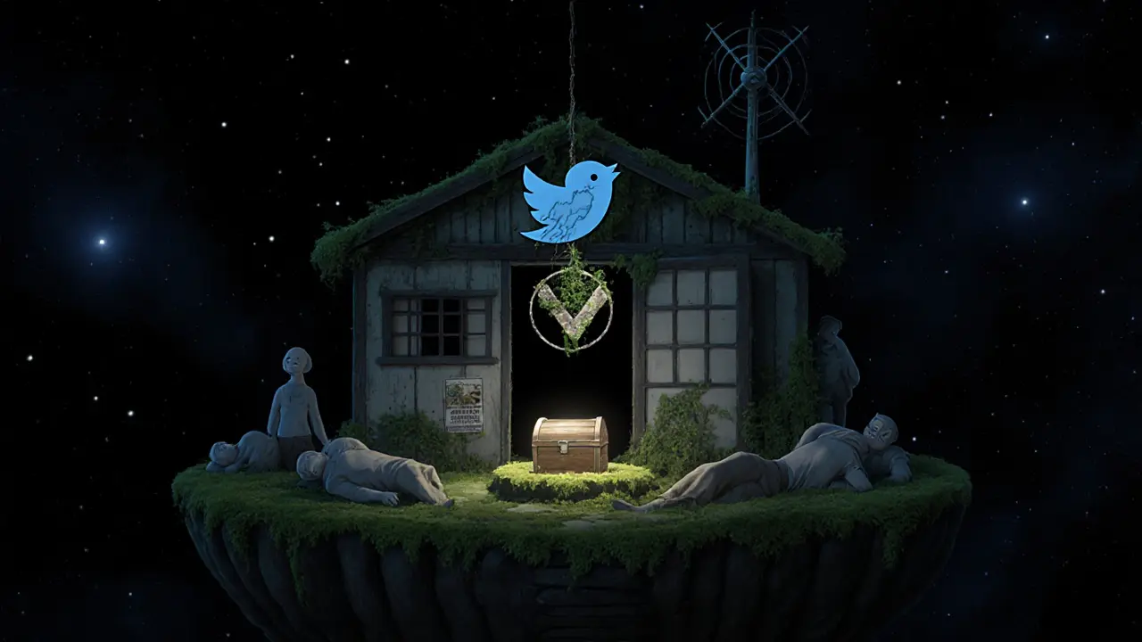 An abandoned space outpost holds a lone glowing chest, with forgotten avatars dissolving into stardust.