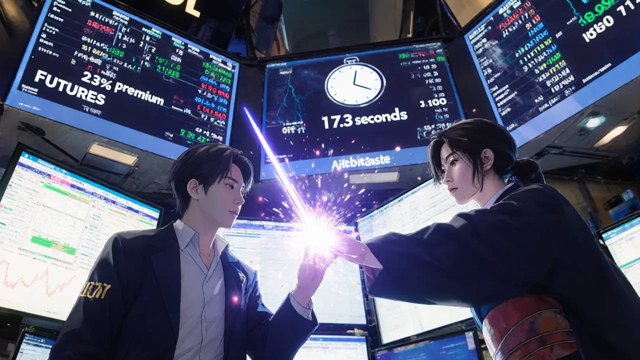 Arbitrage scene with glowing arrows converging between futures and spot screens in 17.3 seconds.