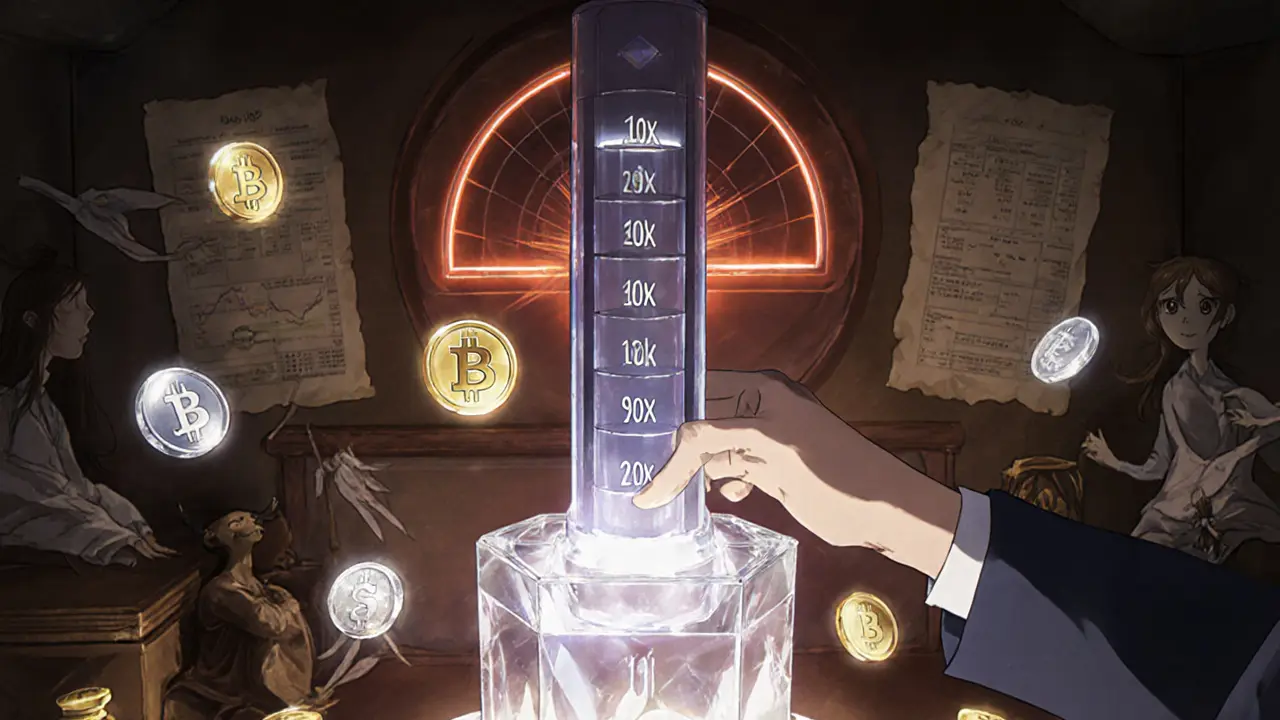 Close‑up of a magical lever showing 10x‑100x leverage with floating BTC, ETH, TUSD, and USDT tokens.