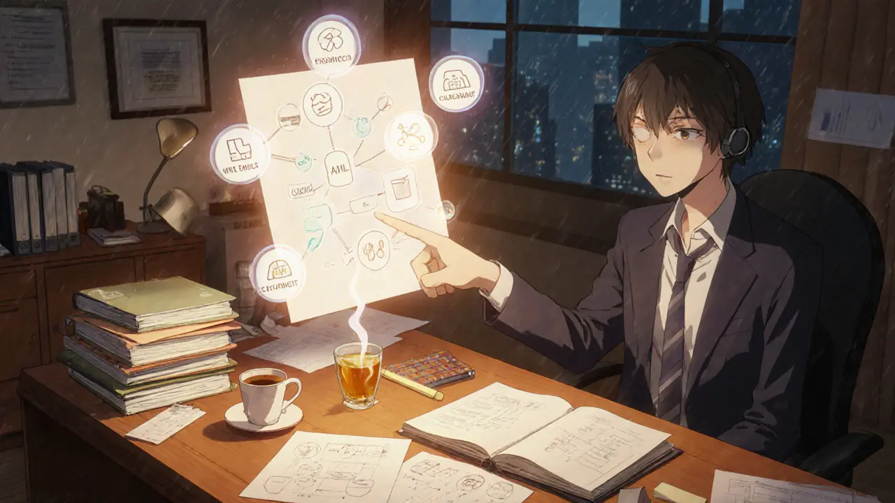 Compliance office scene with a character reviewing a glowing checklist of AML and capital items.