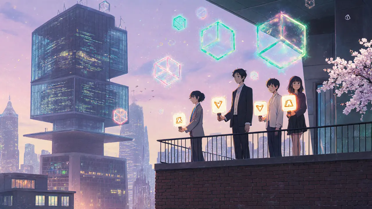 DAO members on a balcony at twilight, lanterns glowing like quadratic voting symbols over a hybrid city skyline.