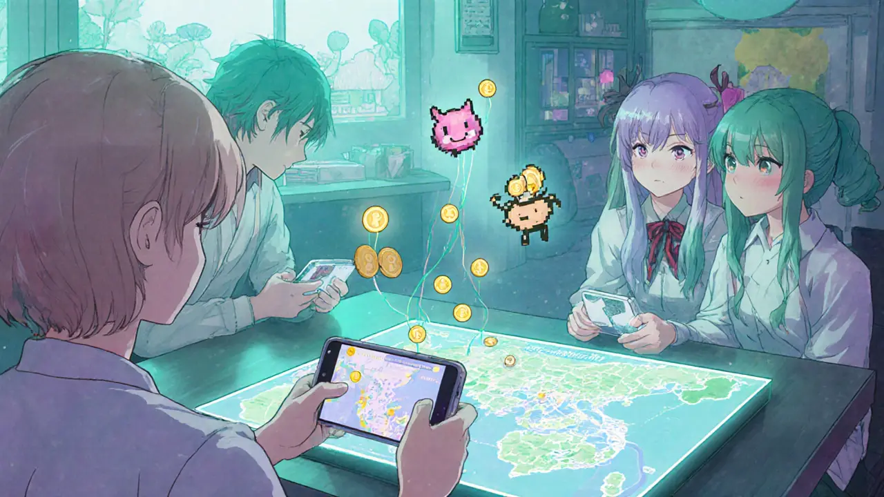 Friends play a GameFi title in a pastel cyber‑cafe, tokens floating from phones.
