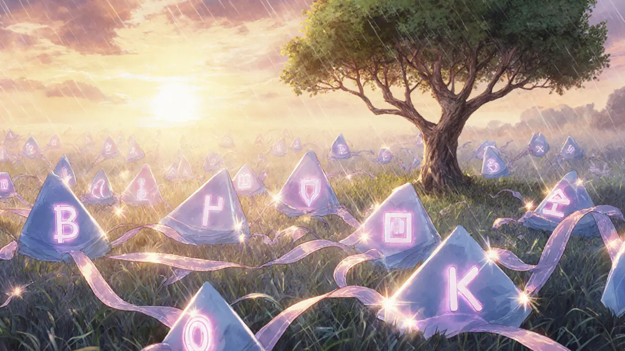 Future sharding garden with luminous zk‑proof ribbons and a self‑healing ledger tree.