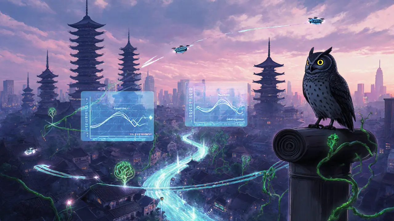 Futuristic city with regulator owl, floating charts, and algorithmic drones at dawn.
