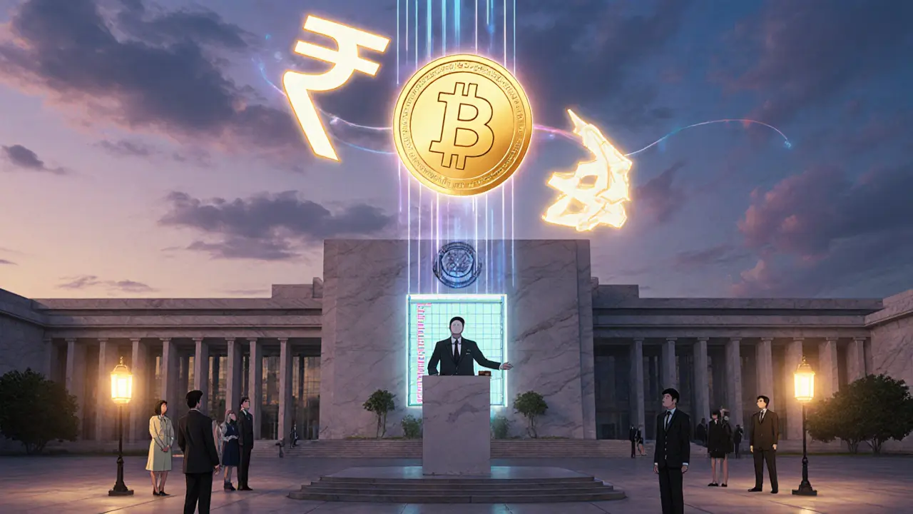 Futuristic Indian plaza showing a government building with holographic Bitcoin and digital rupee symbols.