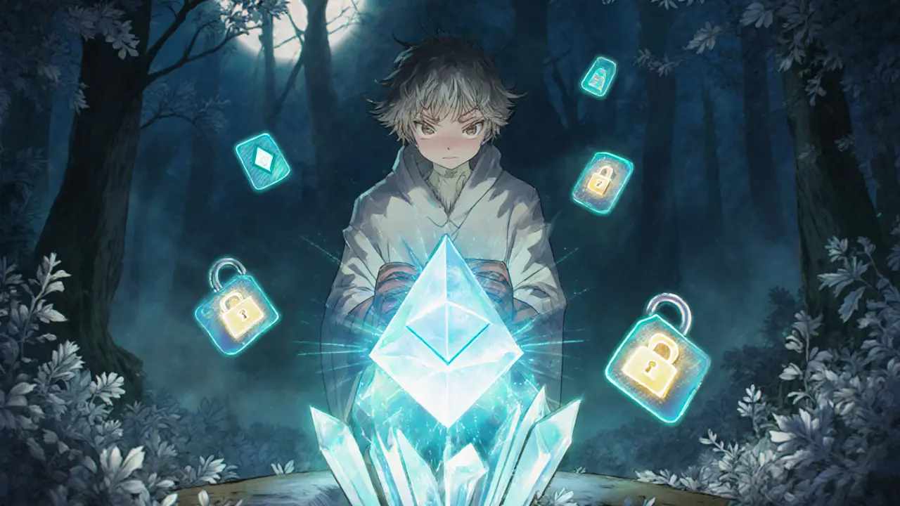 Gamer holding a glowing NFT badge before an Ethereum crystal altar, surrounded by security icons.