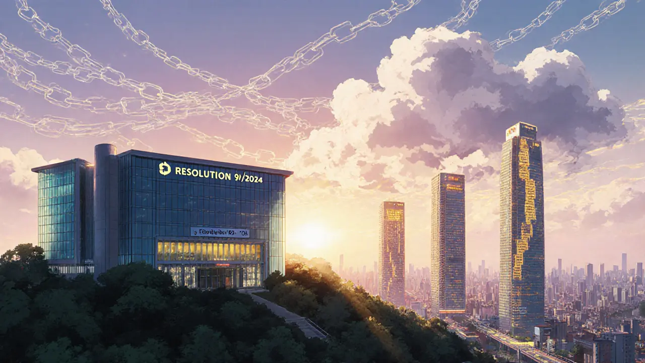 Government building with blockchain sky, exchange towers and three future paths.