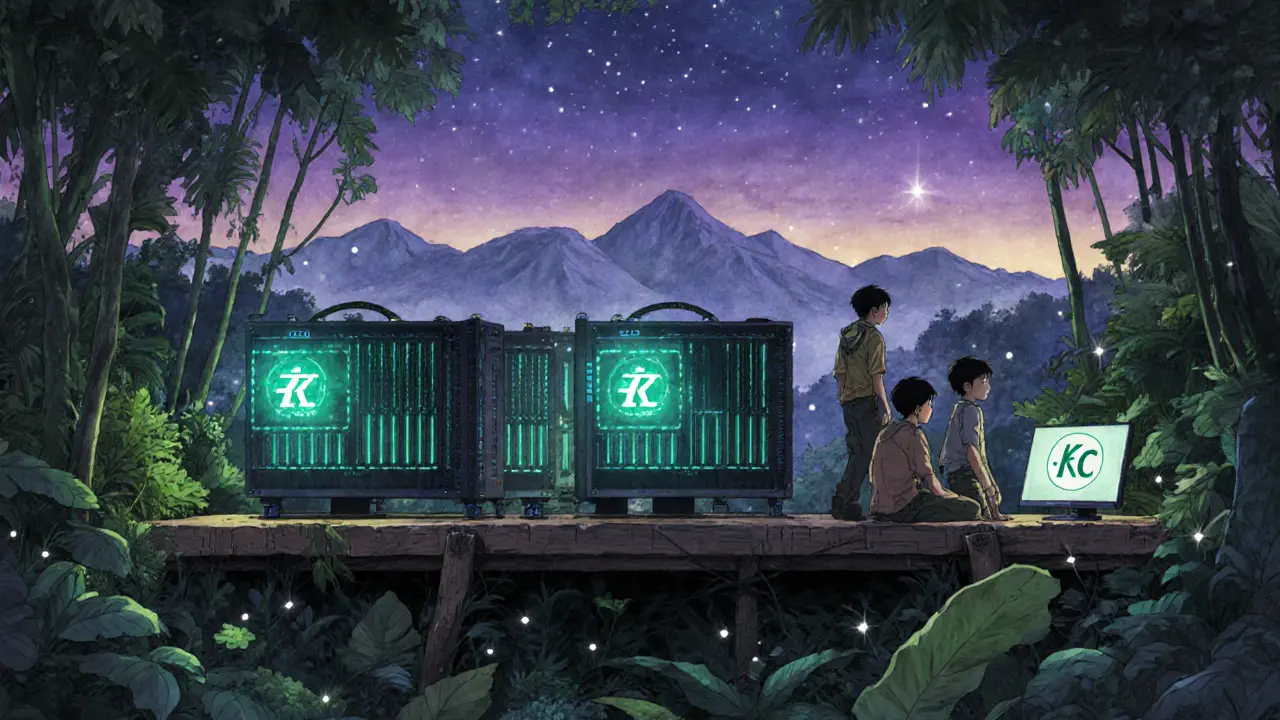 Hidden jungle mining rig glows at dusk as entrepreneurs watch a digital kyat symbol on screens.