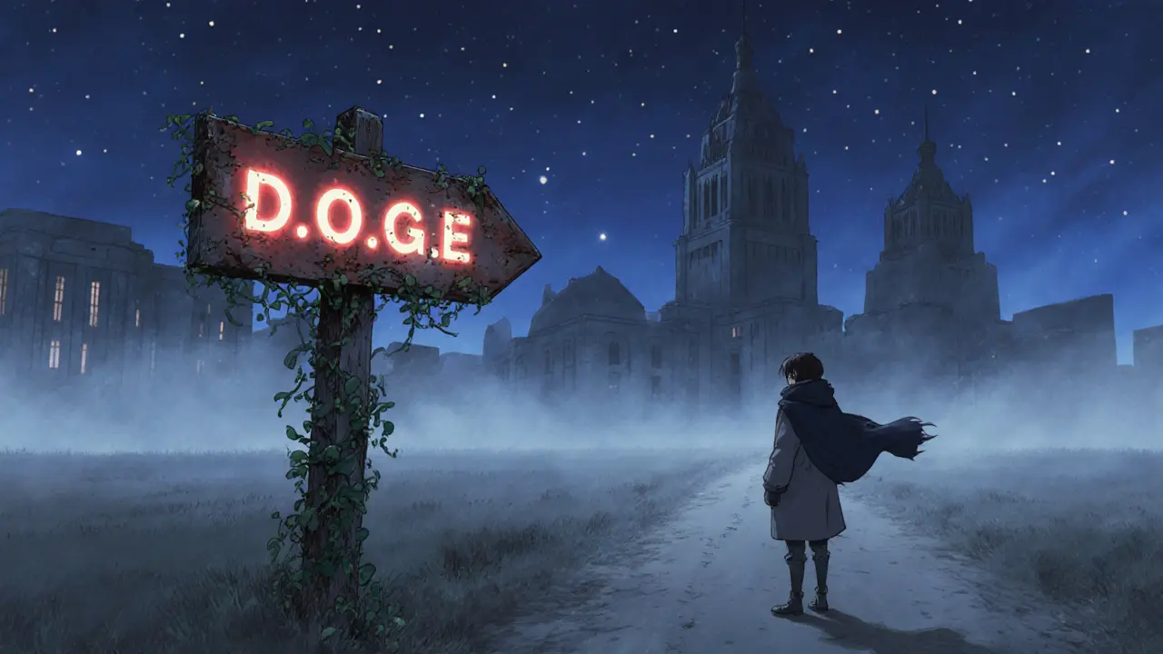Lonely traveler on a misty road looks at a faded D.O.G.E sign under a dark, regulatory sky.