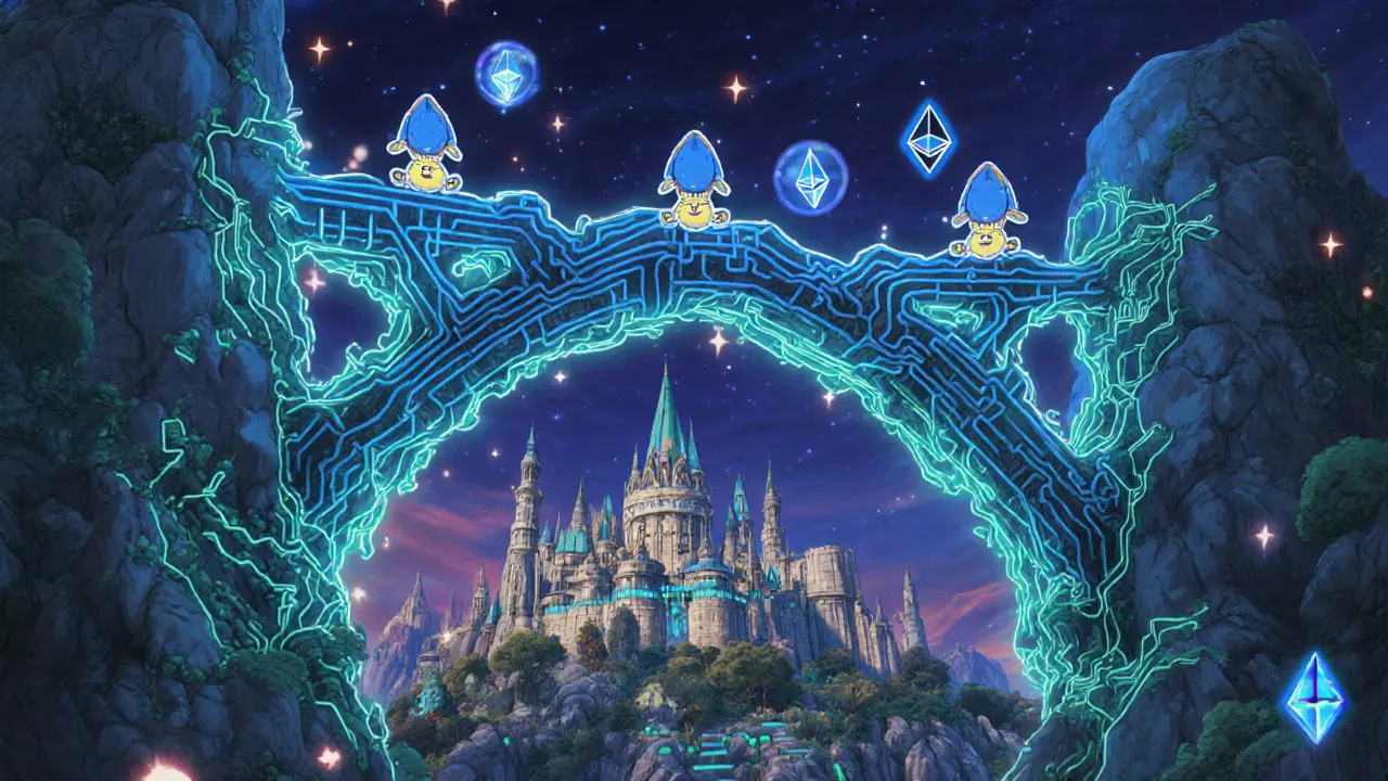 Magical glowing bridge of light carries DOGE tokens over an Ethereum castle at twilight.