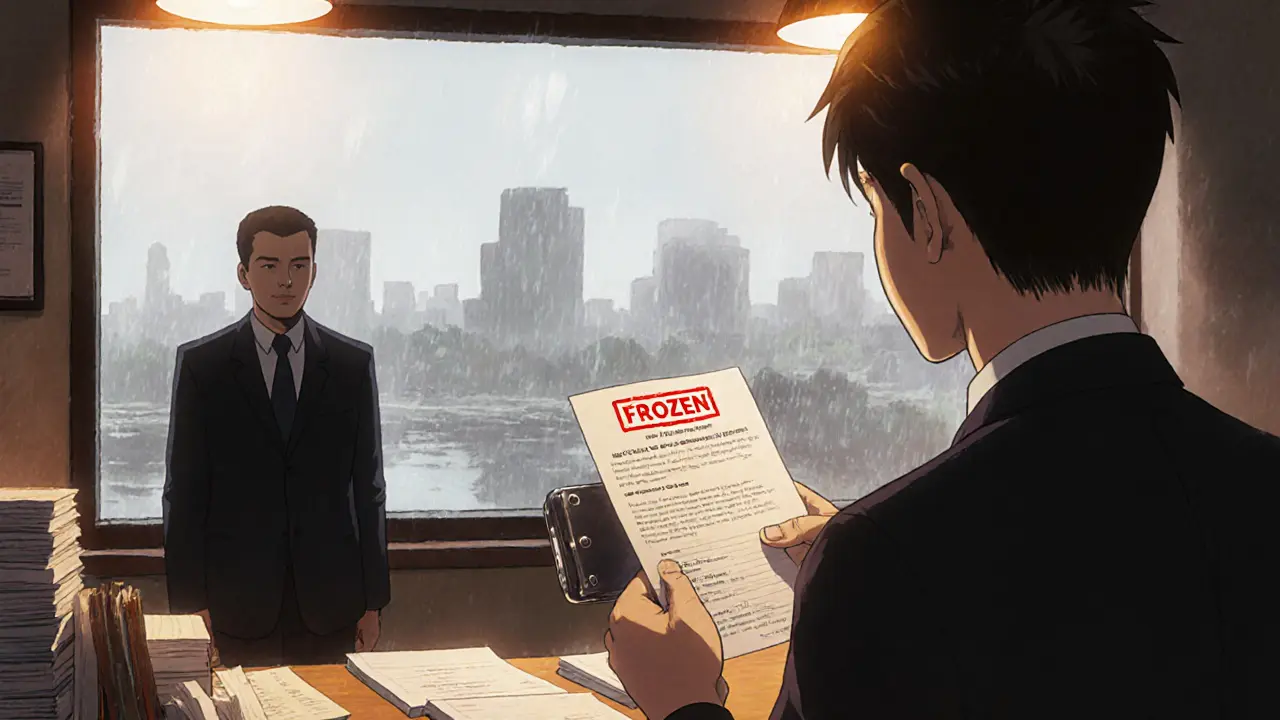 Nervous man receives an account‑freeze notice at a bank counter, clutching a hardware wallet.