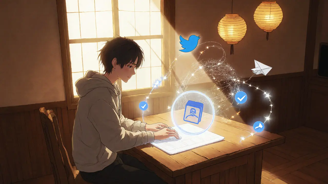 Person at a desk completing crypto airdrop steps with floating Twitter and Telegram symbols.