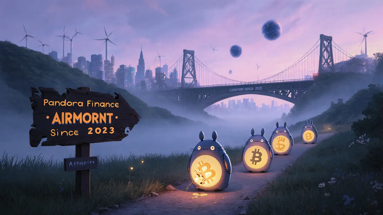 Robot spirits walk past a dead project sign toward a glowing city of legitimate airdrops in a misty valley.