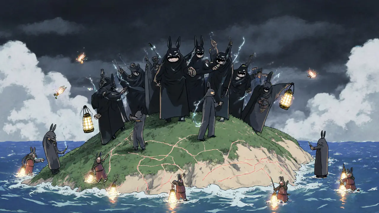 Shadowy validators seize a shard island while lantern‑bearing defenders reshuffle and firefly samplers scout.