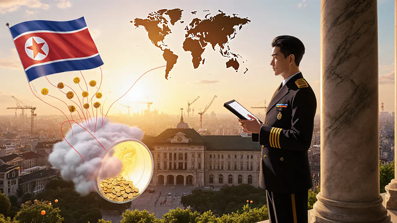 Sunrise over a government complex with an officer holding a glowing ledger and world map.