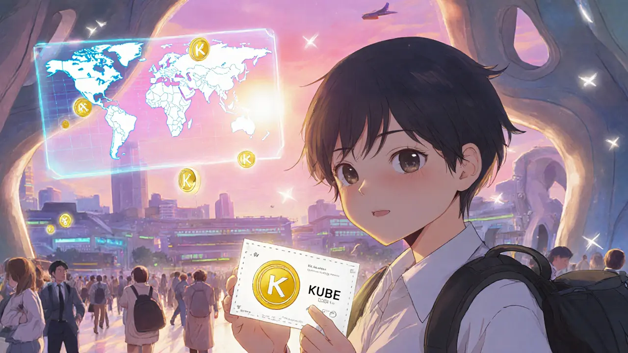 Traveler holding a glowing KUBE ticket at a futuristic travel hub.