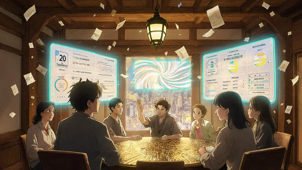 Uniswap DAO members voting around a wooden table with holographic panels showing fee proposals.