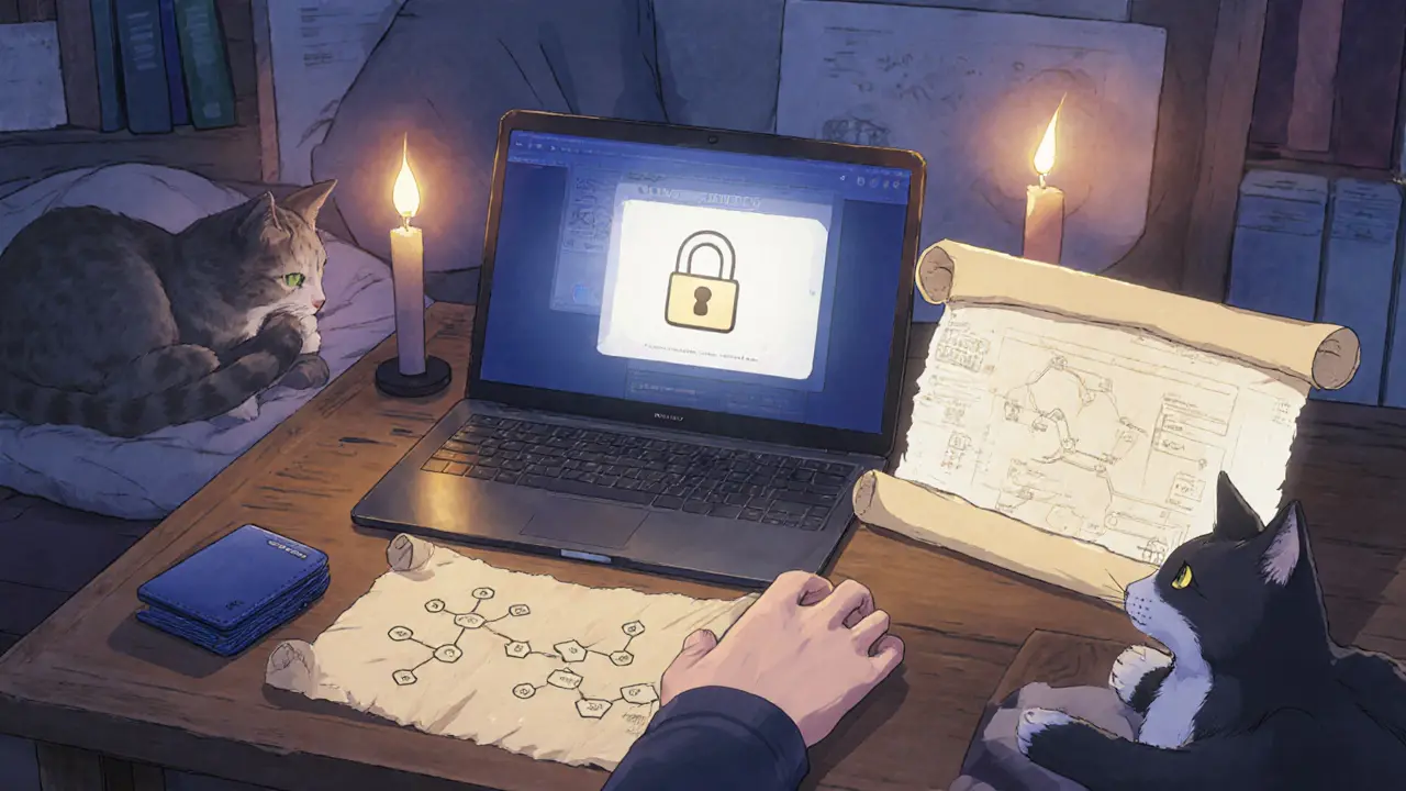 User at a desk checking an airdrop with a hardware wallet and laptop.