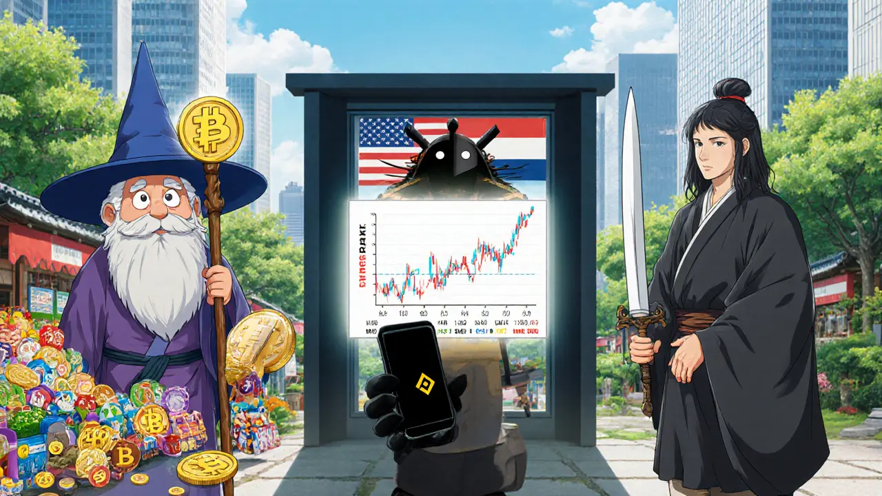Wizard, merchant, and samurai characters compare EMX, Binance, and Bybit, with a US access barrier.