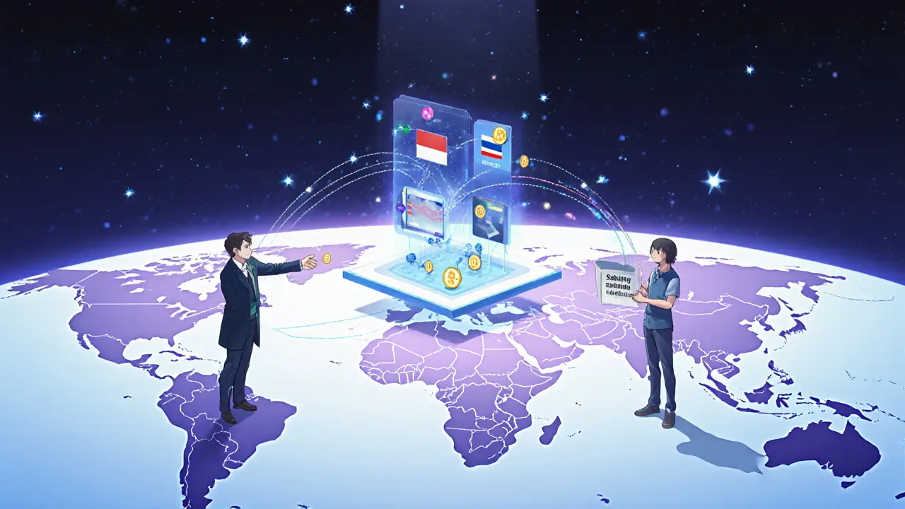 World map with light threads linking UK to other countries and a floating crypto platform.