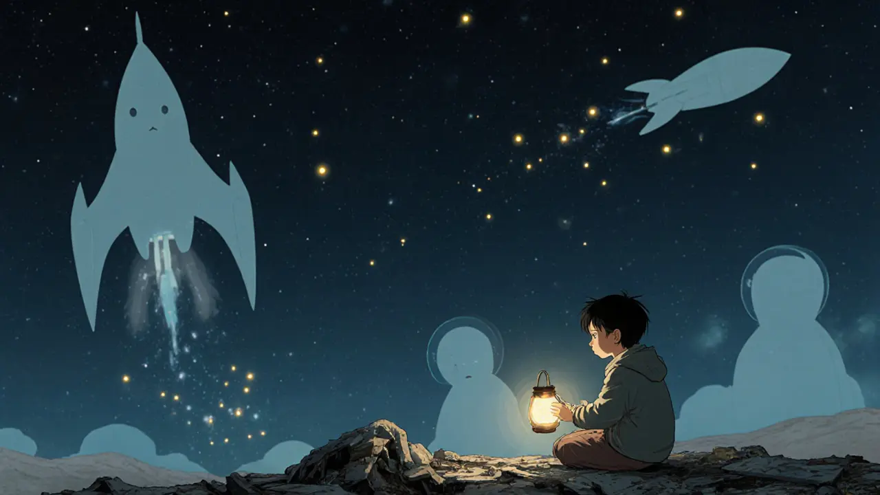 A child holding a METANO token as ghostly astronauts drift away into the stars like fireflies.