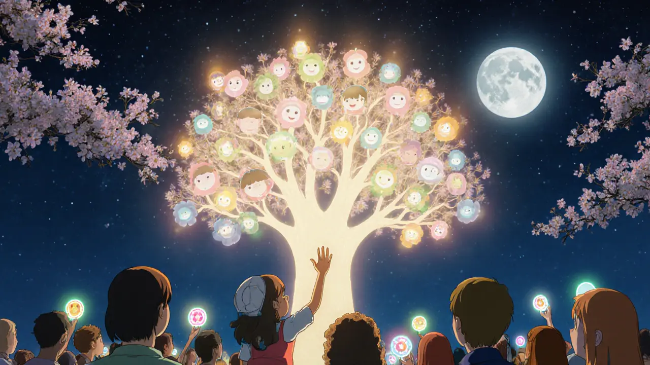 A child touching a glowing tree that blooms with AI tools, while SHELL tokens rise like lantern seeds under cherry blossoms.