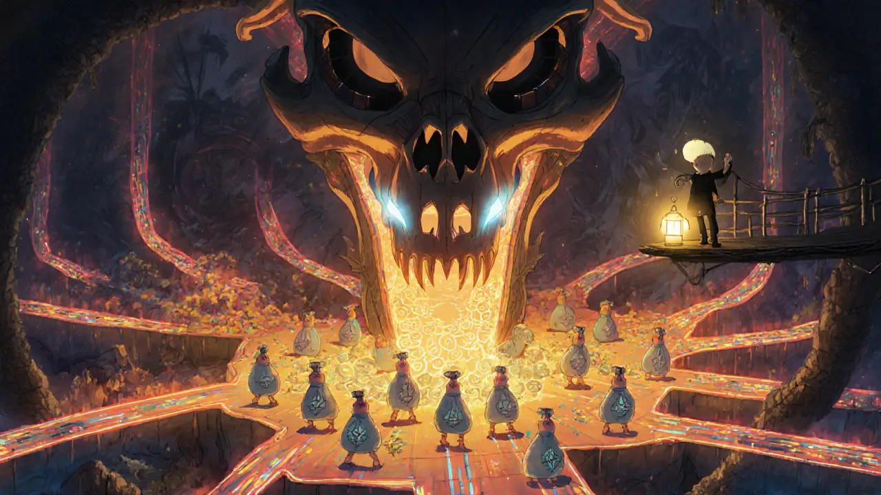 A dragon-shaped machine consuming stolen crypto along glowing blockchain paths, while a researcher holds a hardware wallet like a lantern.