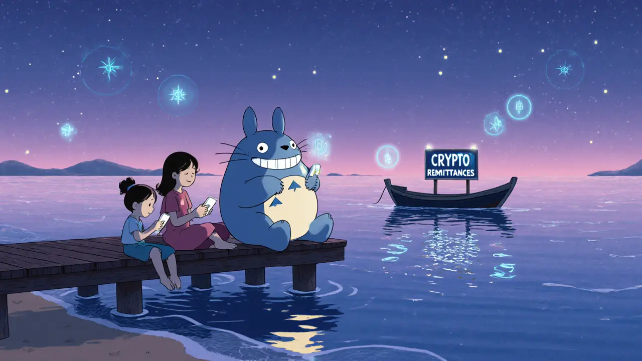 A family sends crypto remittances across borders at a peaceful beach at dusk, holographic transactions glowing on their phones.