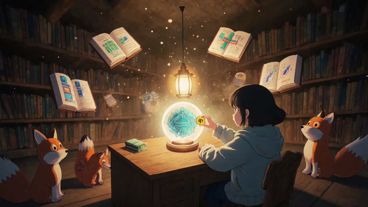 A girl in a hoodie places an EQ token into a glowing orb, surrounded by fox-like creatures and floating crypto books in a warm library.