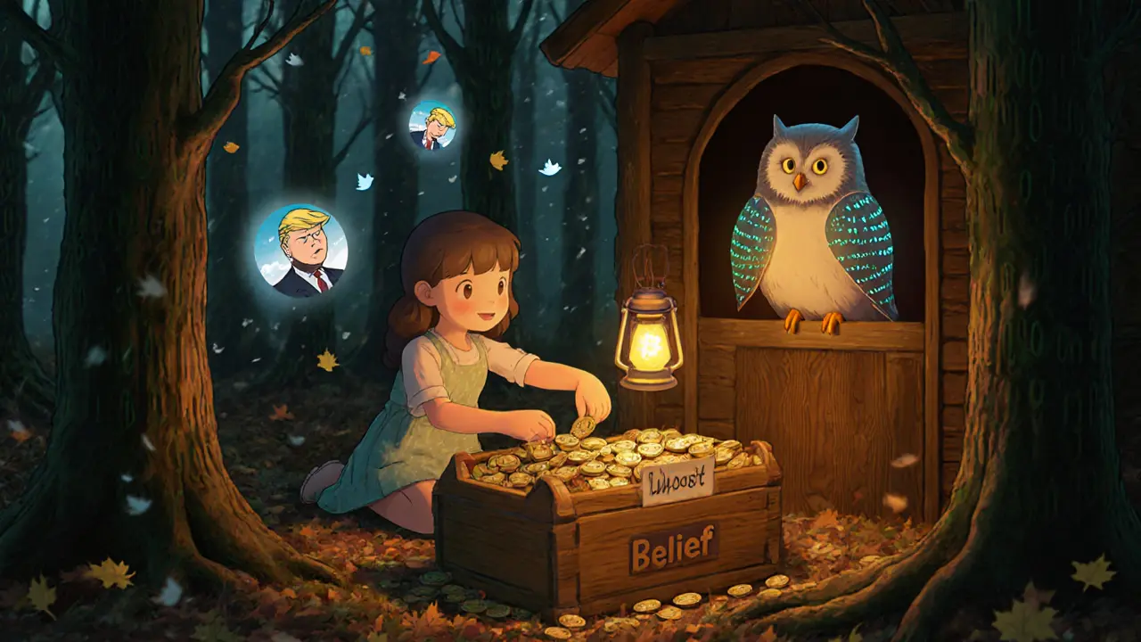 A girl places billions of TROG tokens into a wooden chest while a circuit-feathered owl watches in a cozy, binary-tree forest cabin.
