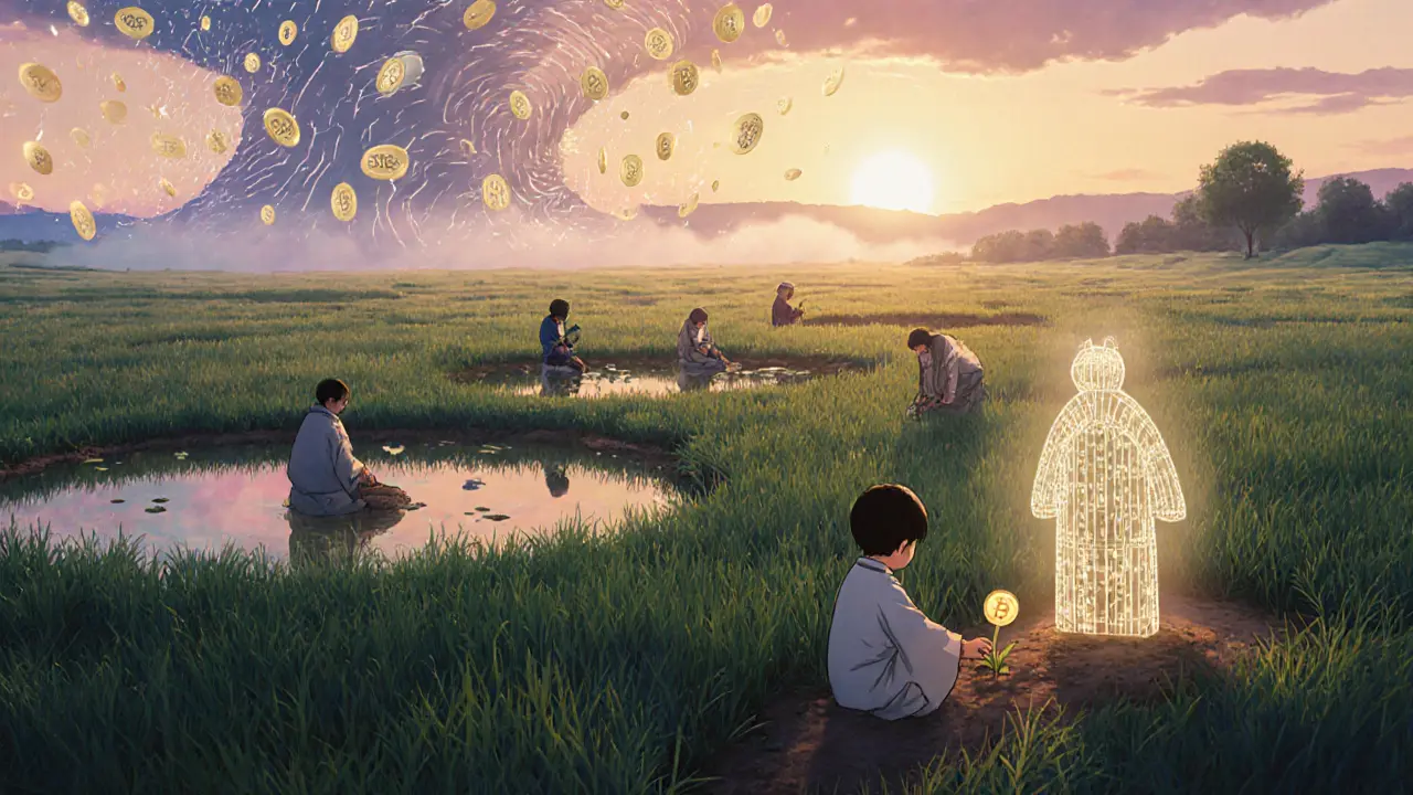 A peaceful digital meadow with farmers tending crops from real fees, while a storm of hollow tokens dissolves into mist at dawn.