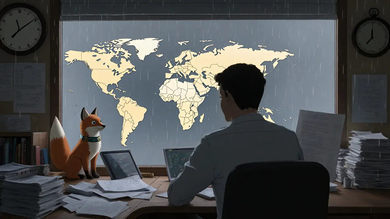 A real estate agent gazes at a holographic world map where only a few regions glow, as a fox-like spirit watches from the window.