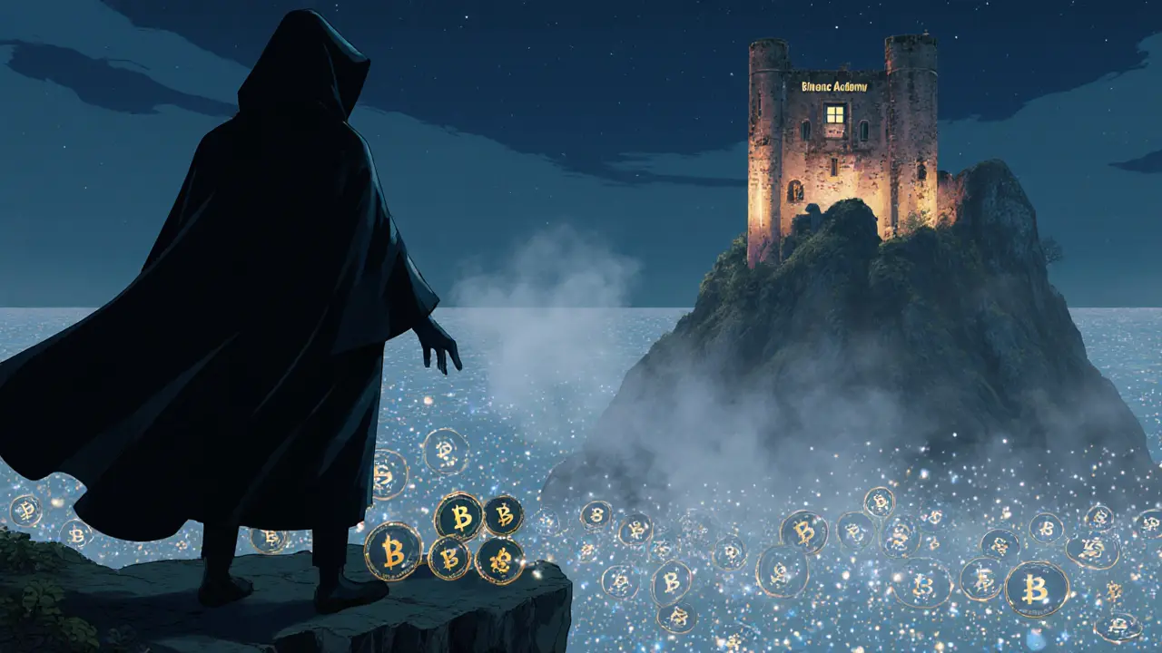 A shadowy figure reaching toward false crypto tokens over a silent digital ocean.