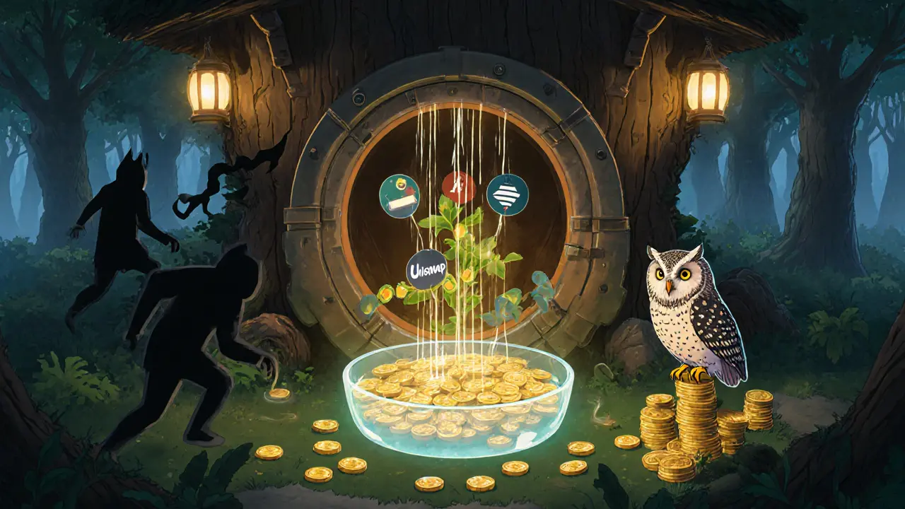 A treehouse vault with golden coins flowing into a crystal basin, nourishing glowing plants, as shadowy figures flee nearby.