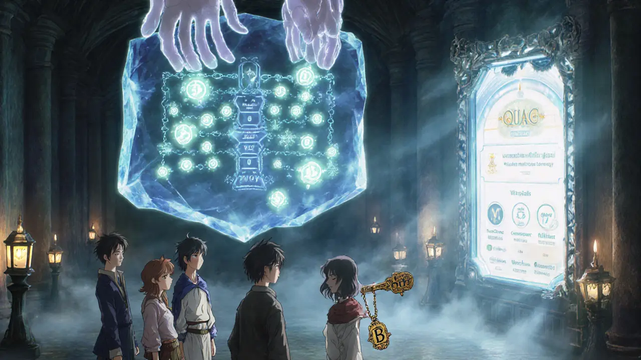 Adventurers in a lantern‑lit hall connect wallets to a glowing ledger and portal to claim QUACK tokens.