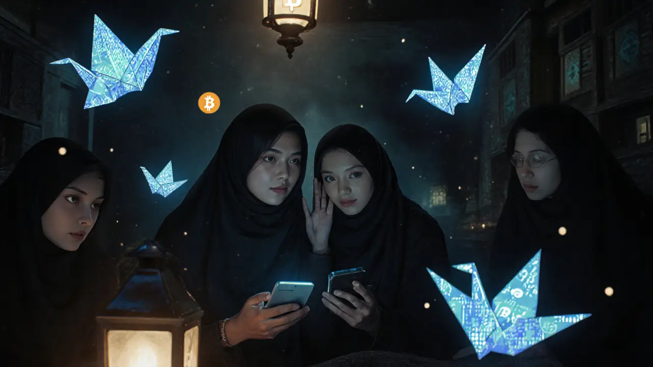 Afghan women secretly use phones to send Bitcoin in a lantern-lit room, digital cranes floating around them.