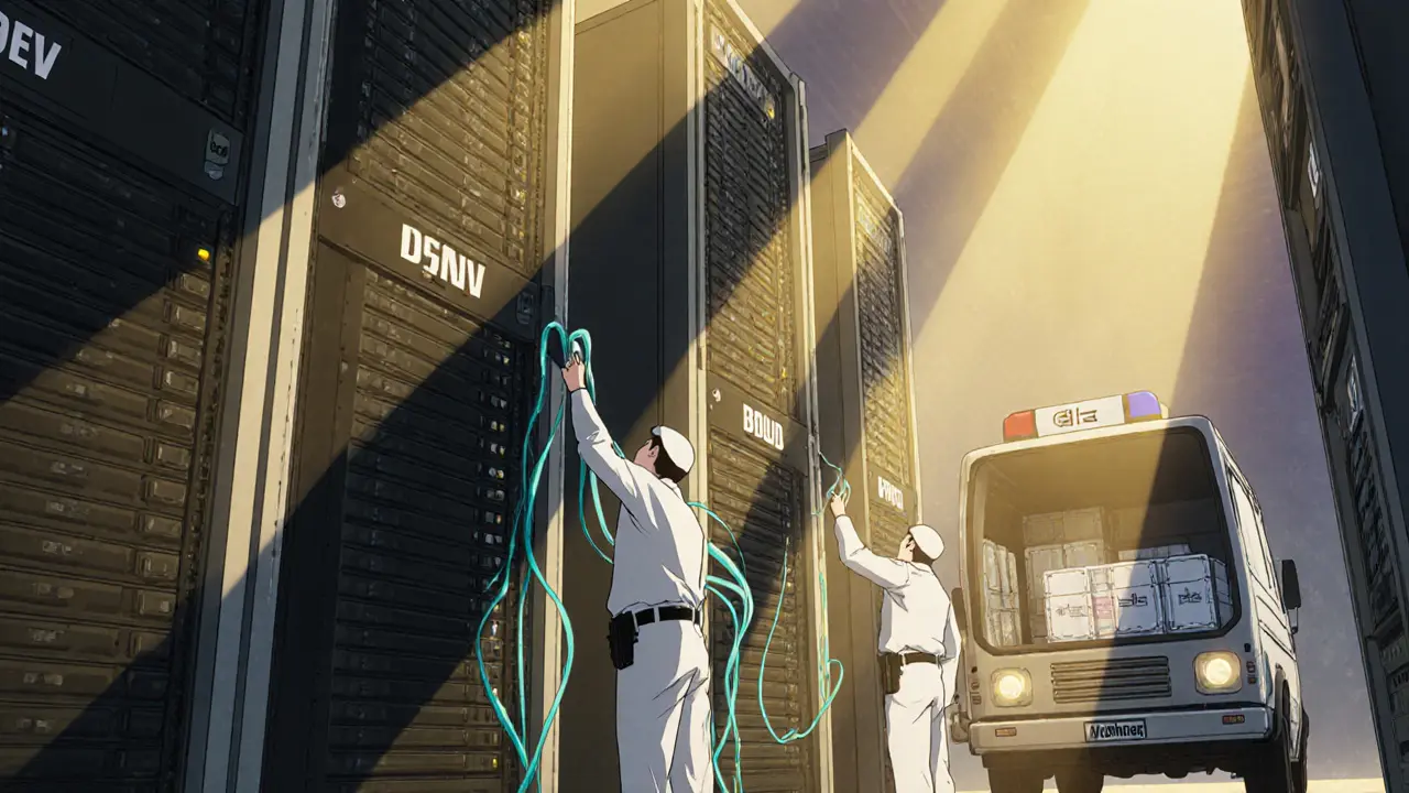 Agents disconnect labeled DEV, PROD, and BACKUP servers, loading them into a police van.