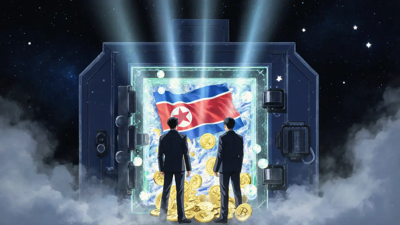 Agents opening a luminous vault filled with digital crypto assets at night.