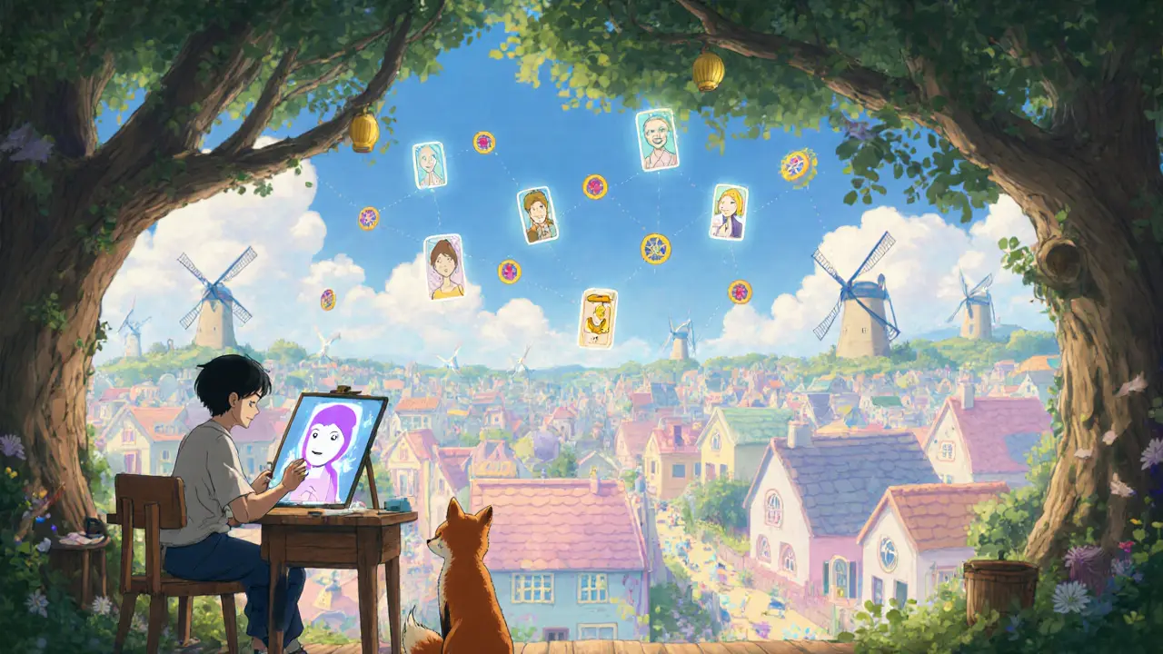 An artist in a treehouse studio creating an AI agent as a fox spirit watches, with a magical marketplace below.