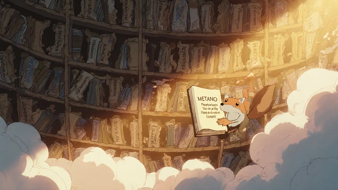 An empty digital library with crumbling mission scrolls, a fox spirit dusting a book titled &#039;METANO&#039;.