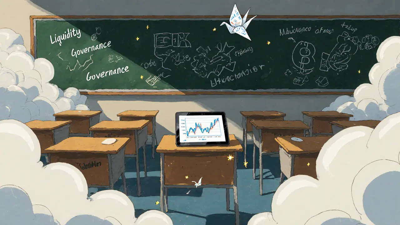 An empty floating classroom with flickering fake crypto price charts on a broken tablet.