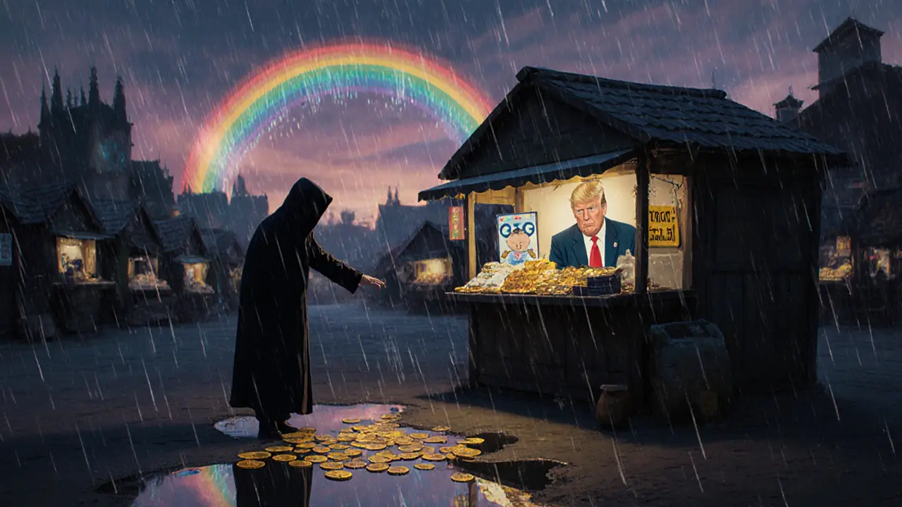 An empty marketplace glows faintly with TROG tokens as a hooded figure reaches out, their reflection showing Trump&#039;s silhouette in the rain.