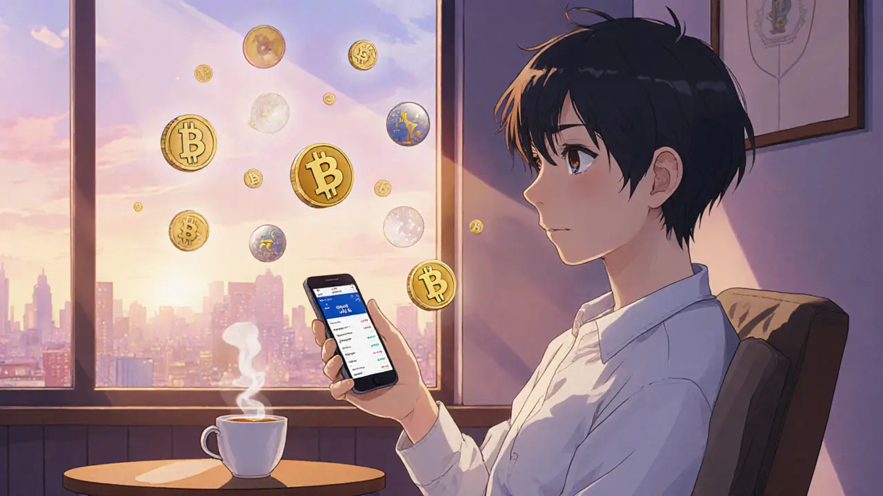 Casual user browsing new altcoins on ATOMARS mobile app in a cozy cafe, Studio Ghibli atmosphere.