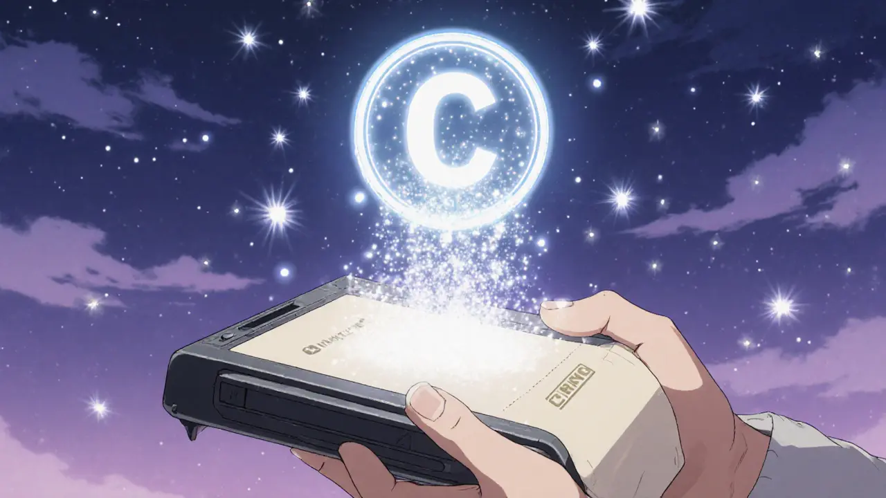 Character holding a device sees a glowing CRING token during a snapshot.