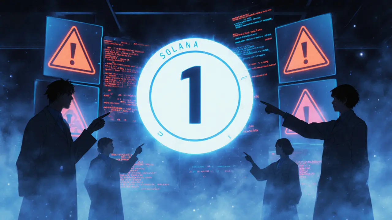 Close‑up of a single‑decimal Solana token with red warning holograms in a dark lab.