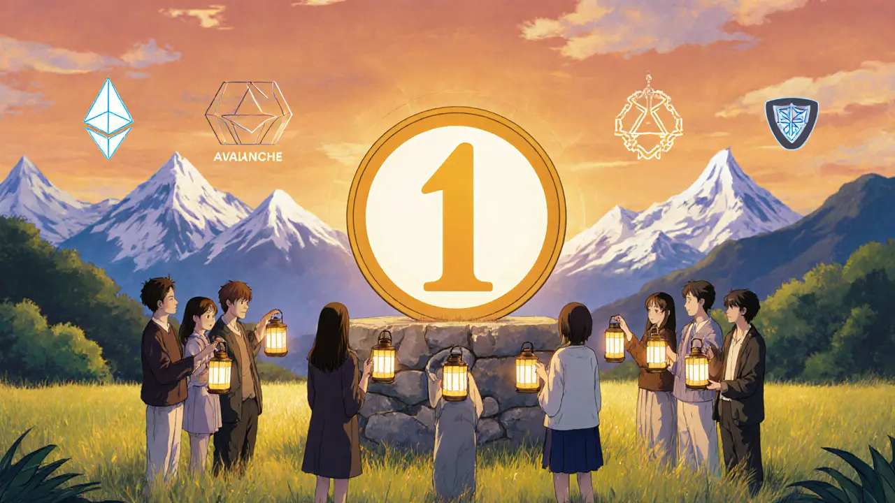 Community around a glowing 1INCH token with blockchain mountains behind.