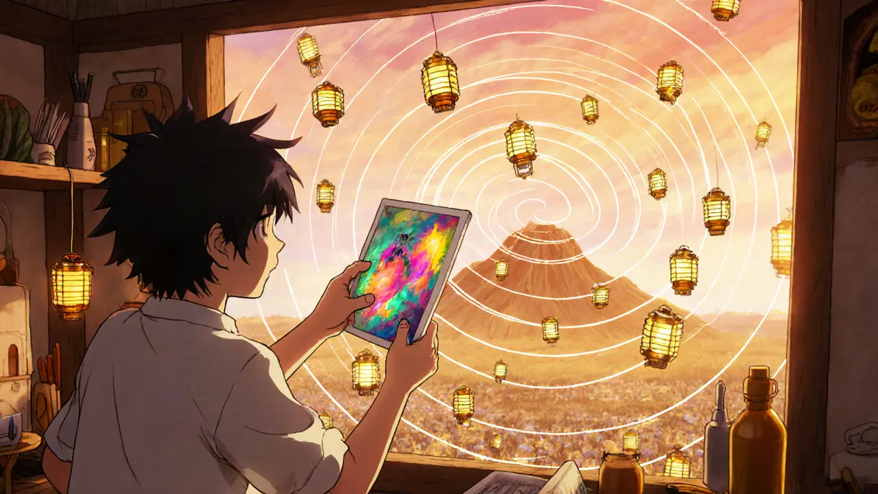 Creator in workshop uploading art to glowing IPFS nodes linking to Filecoin miners.