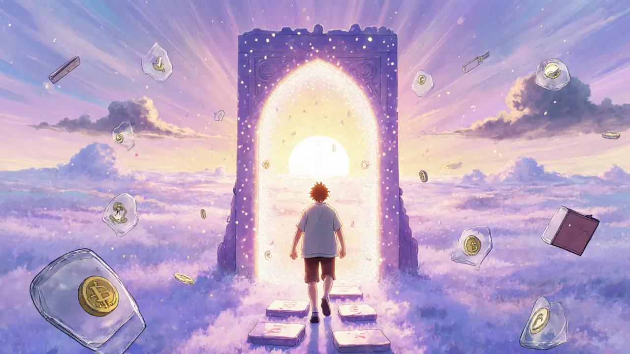 Creator stepping through a glowing portal into a bright decentralized social media landscape.