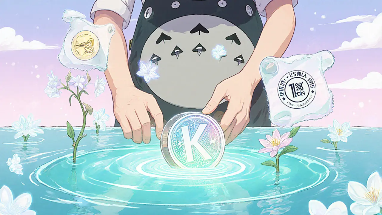 Explorer adds a single KLAY coin to a glowing pool, KSP blossoms appear, showing low fees and fast blocks.