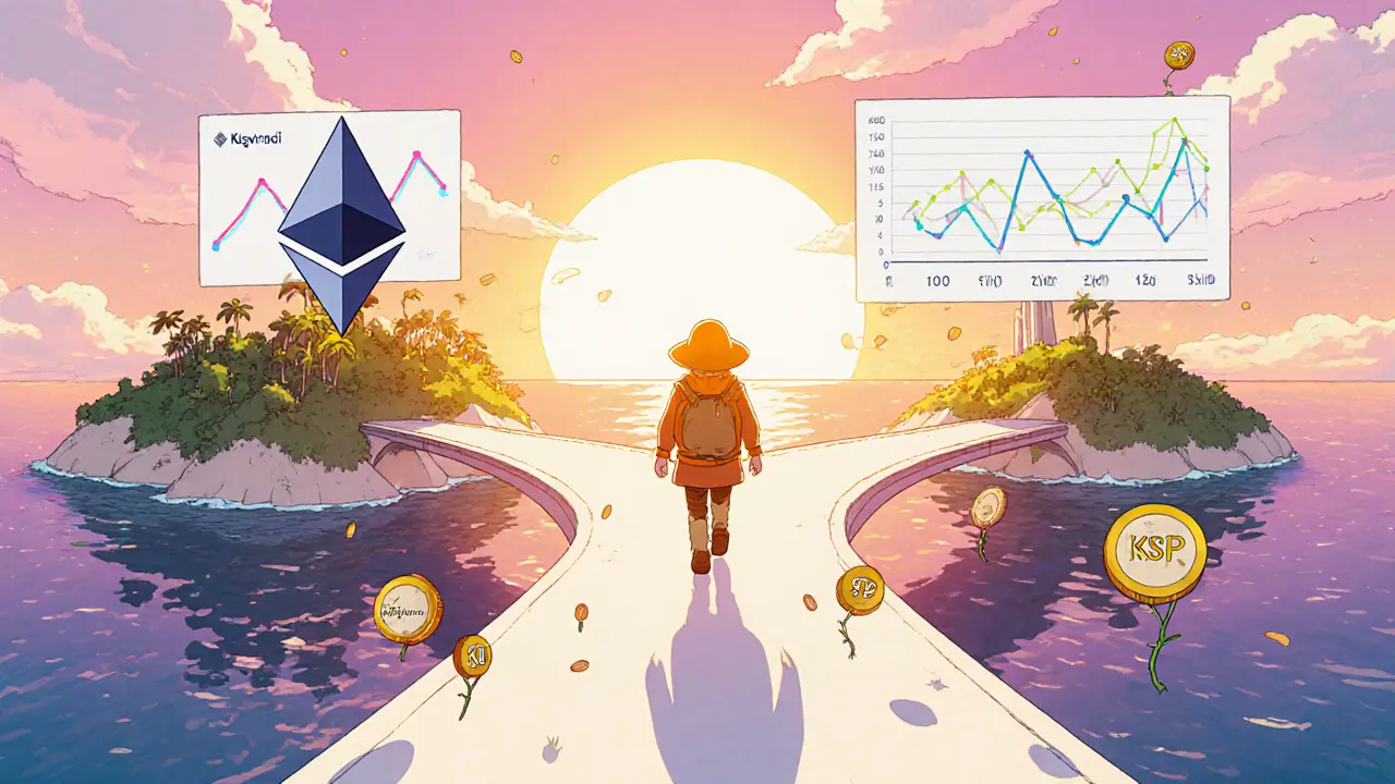 Explorer crosses a light bridge linking Klaytn to Ethereum and Polygon islands, sunrise and KSP seeds suggest growth.